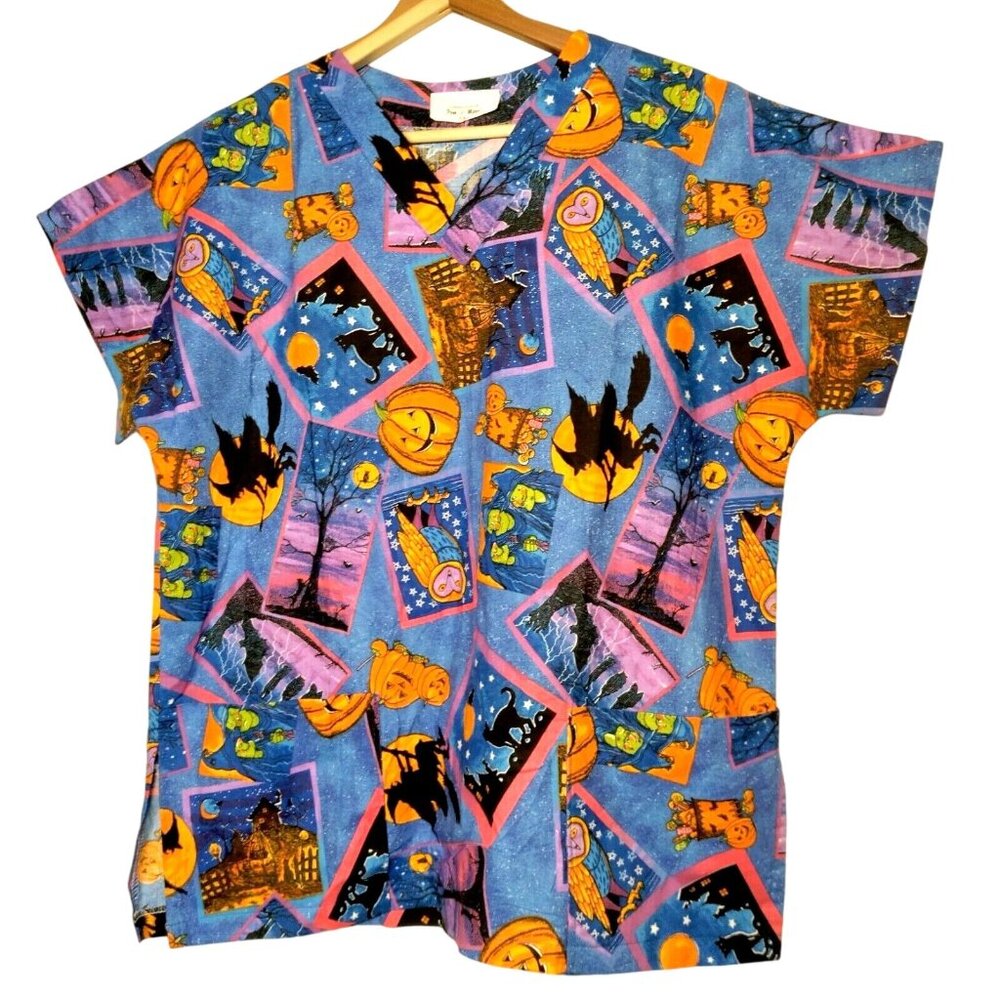Homemade Halloween Scrub Top Shirt Women S Blue Witch Cat Bat Owl Pumpkin Work